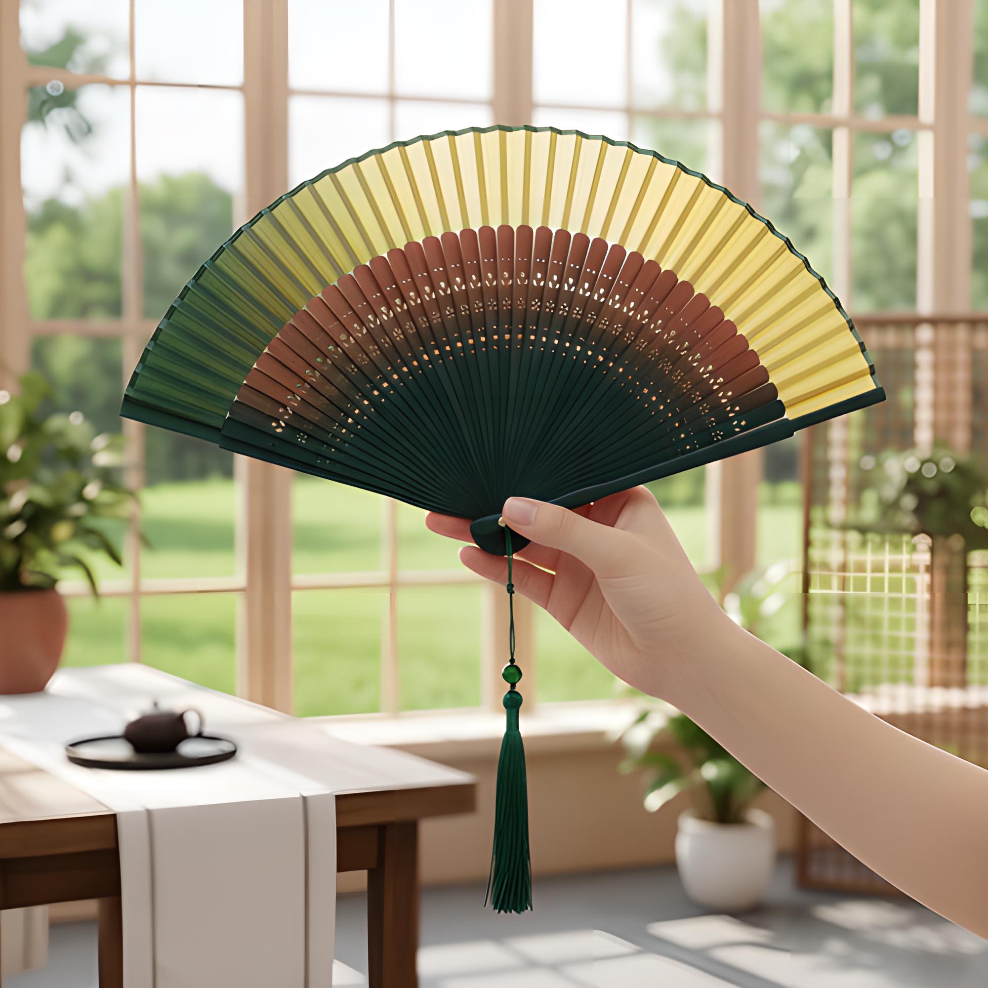 Green Yellow Ombre Silk Folding Fan